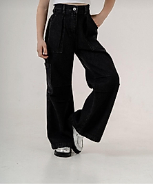 Siyah bol paça yan cepli pantolon