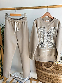 Kız çocuk eşofman takımı bol paça taş rengi
