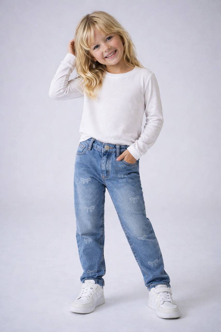 Kız çocuk Fiyonk baskılı jean pantolon